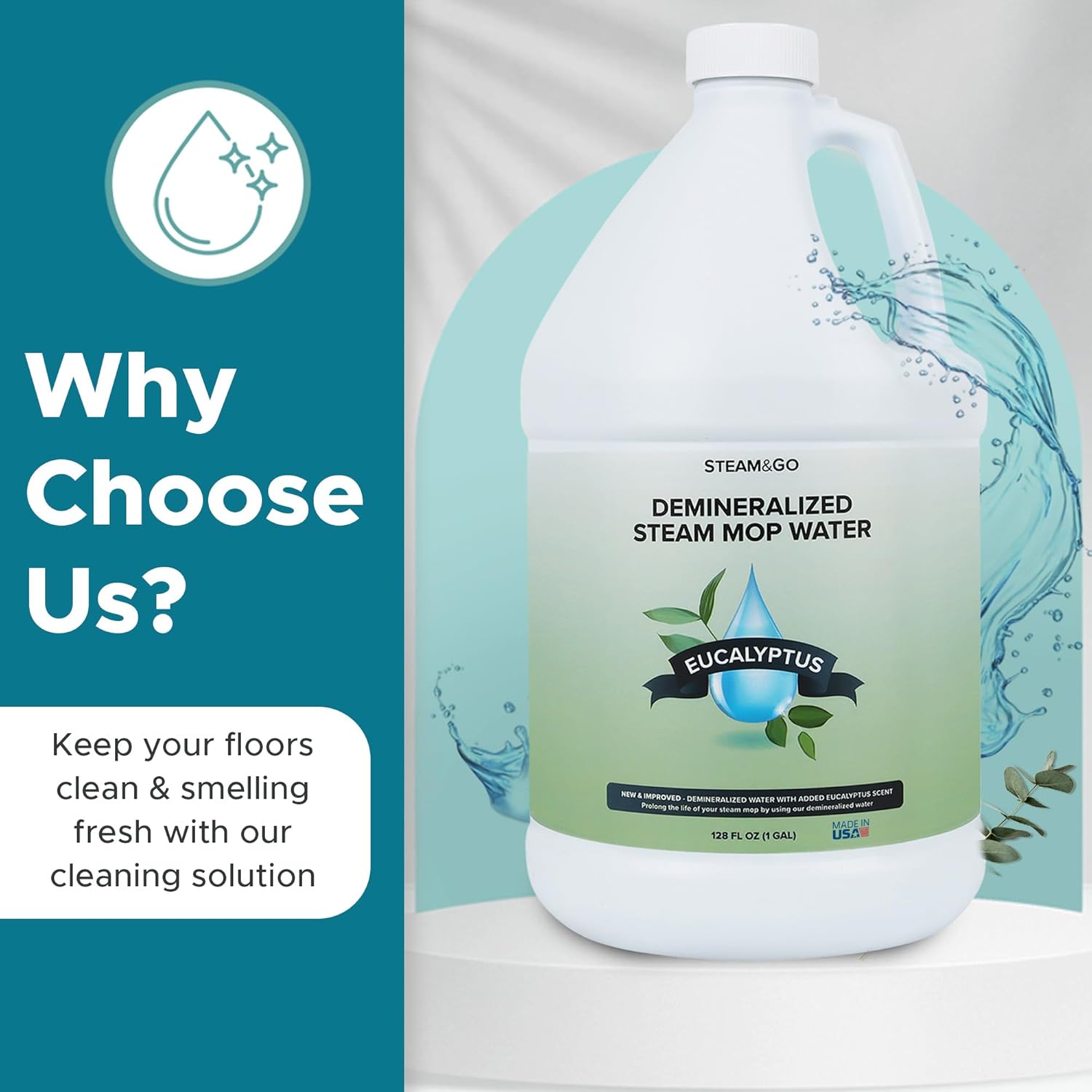 Steam & Go Demineralized Water - Ready-to-Use Multi-Surface Cleaner | Eucalyptus Mint, 128oz