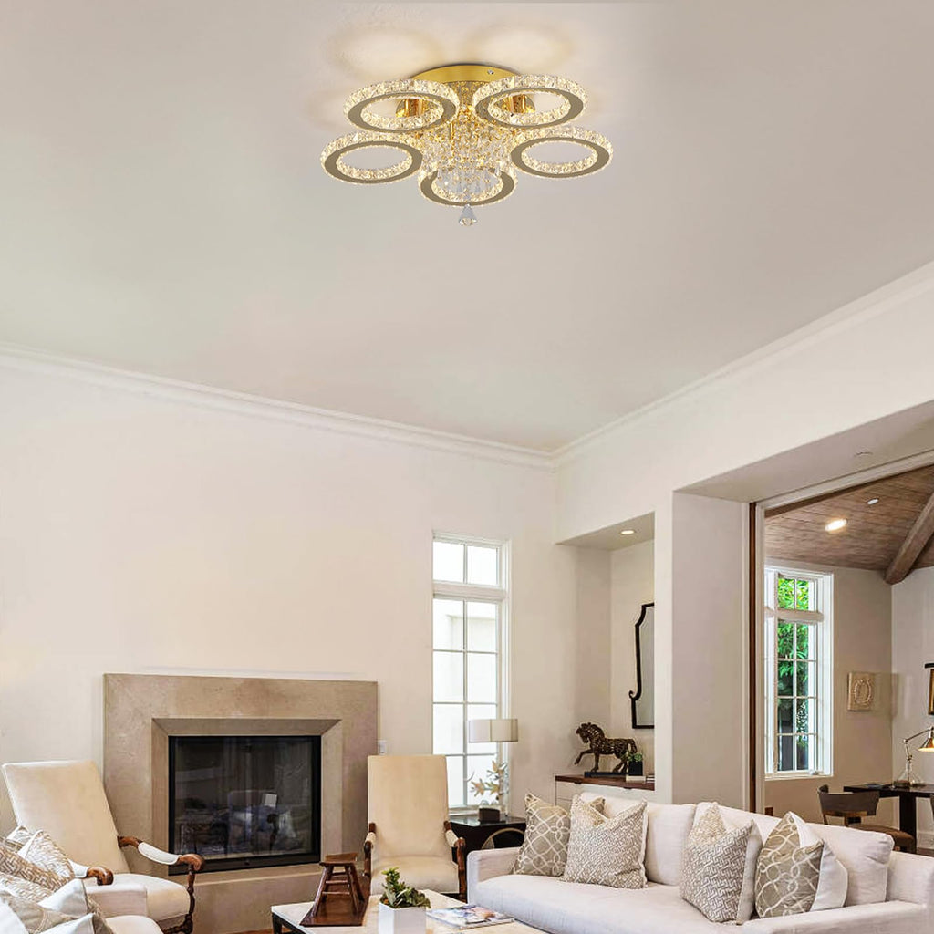 VETRULUS Modern Crystal LED Chandelier, 5-Ring Gold Flush Mount Ceiling Light Fixture for Bedroom, Dining Room, Living Room, Hallway – Dimmable