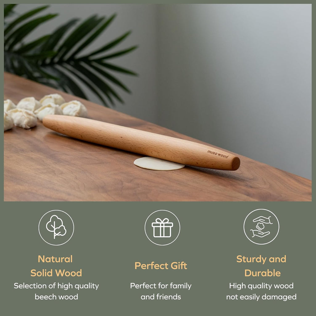 Muso Wood French Rolling Pin - Beech Wood Tapered Design for Baking | 15.75-Inch Length
