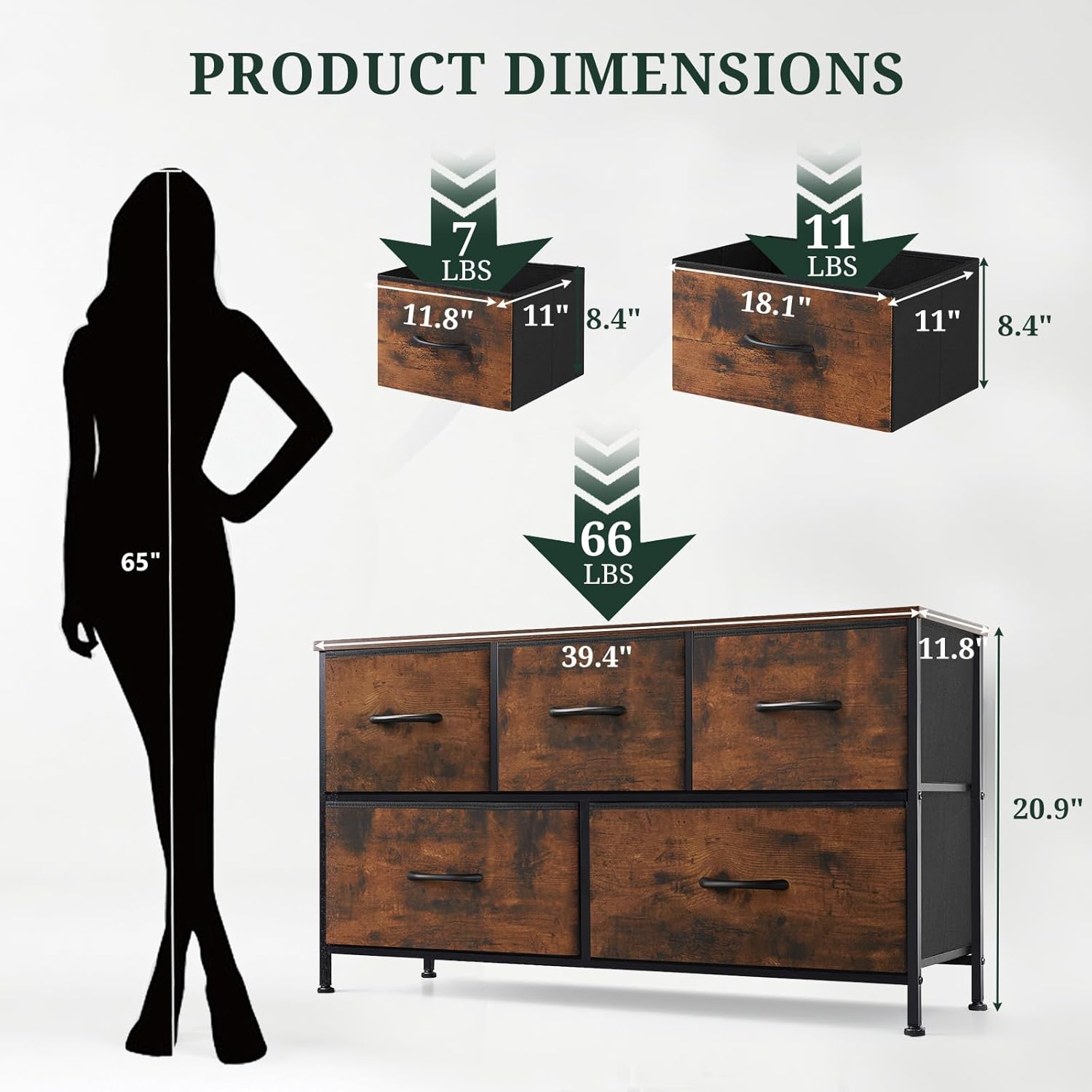 Regine Switzerland 5-Drawer Dresser - Anti-Tip Fabric Storage Organizer with Wooden Top | Brown Finish