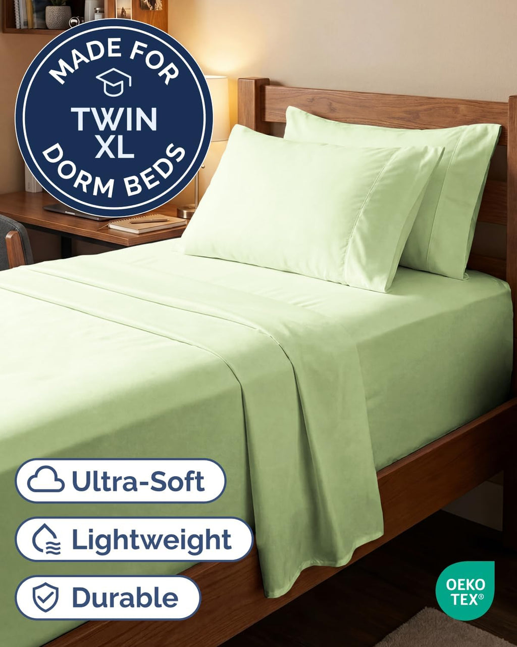 Skiennix Extra Deep Twin XL Sheet Set - 4 Piece Breathable Cooling Bedding - Soft Wrinkle-Free Light Sage