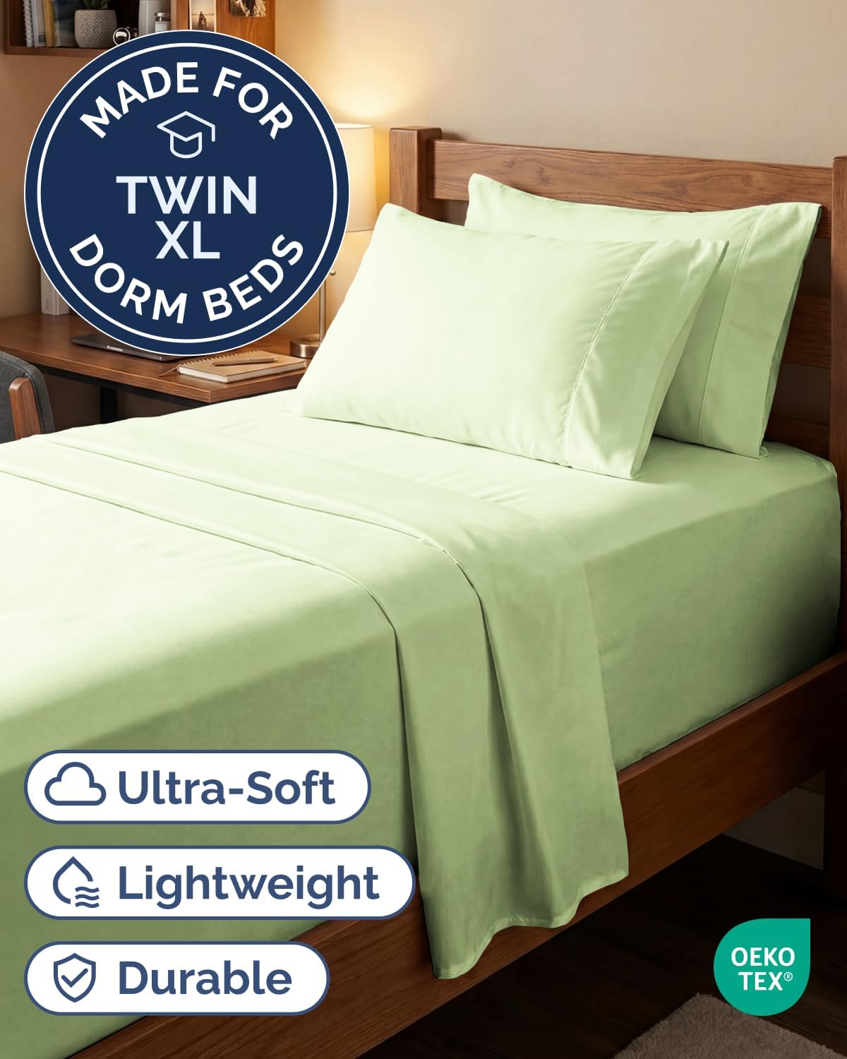 Skiennix Extra Deep Twin XL Sheet Set - 4 Piece Breathable Cooling Bedding - Soft Wrinkle-Free Light Sage