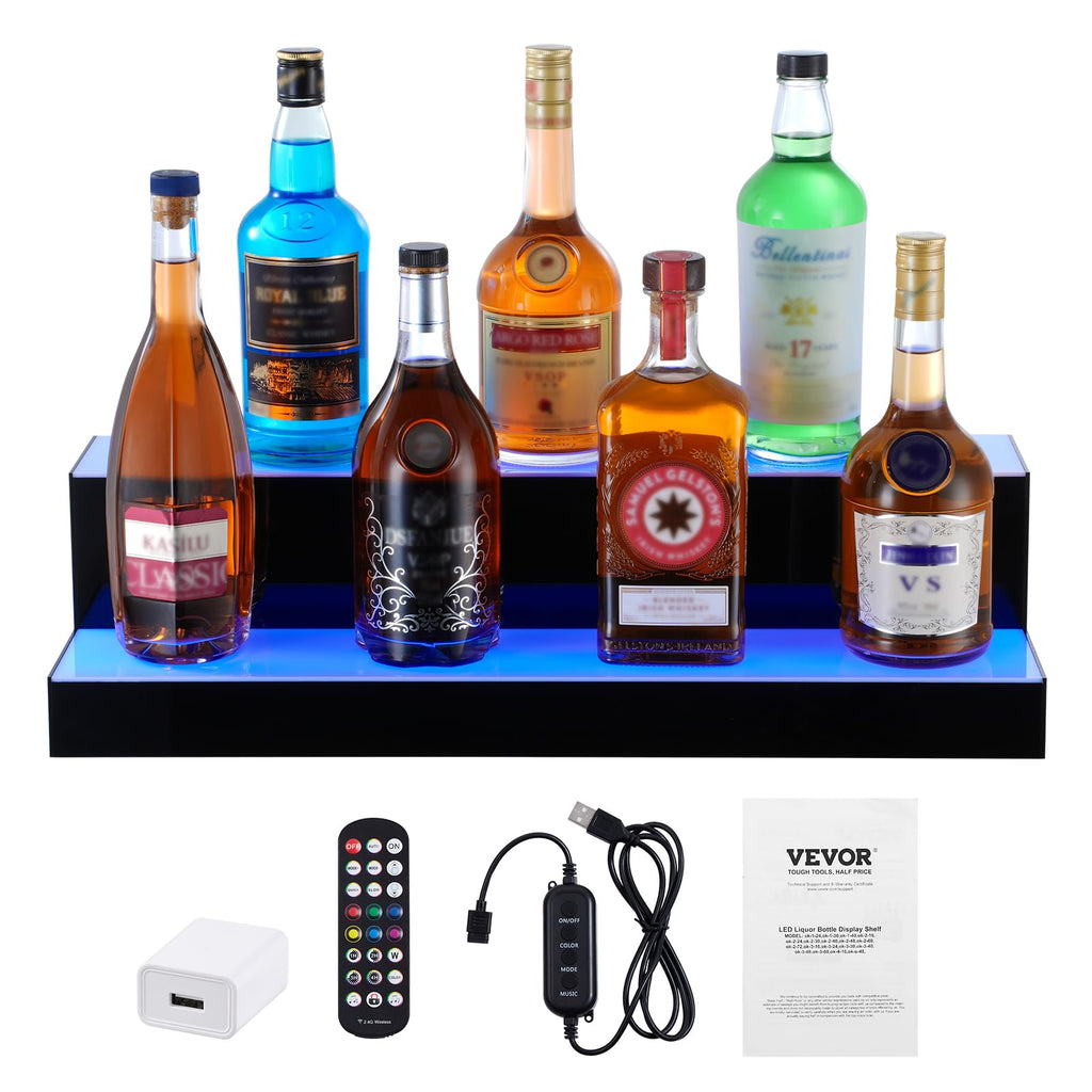 VEVOR LED Lighted Liquor Bottle Display, 2 Tiers 24 Inch Commercial Illuminated Home Bar Shelf, 2 Steps Whiskey Rack Stand, Acrylic Drink Shelves with RF Remote & App Control, and Multicolor Light