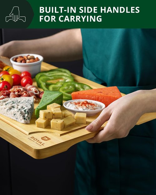 ROYAL CRAFT WOOD Wooden Cutting Boards for Kitchen Meal Prep & Serving - Bamboo Wood Serving Board Set with Deep Juice Groove Side Handles - Charcuterie & Chopping Butcher Block for Meat