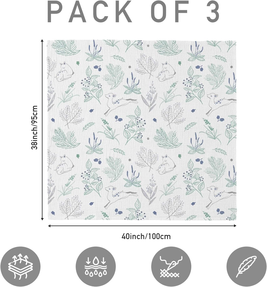 Skiennix Muslin Swaddle Blankets - 3 Pack Soft & Breathable Receiving Blankets | Large 38 x 40 Inches (Fawn & Leaves)
