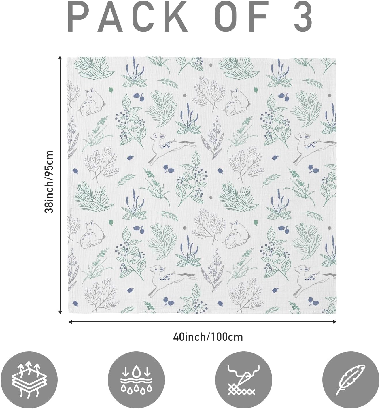 Skiennix Muslin Swaddle Blankets - 3 Pack Soft & Breathable Receiving Blankets | Large 38 x 40 Inches (Fawn & Leaves)