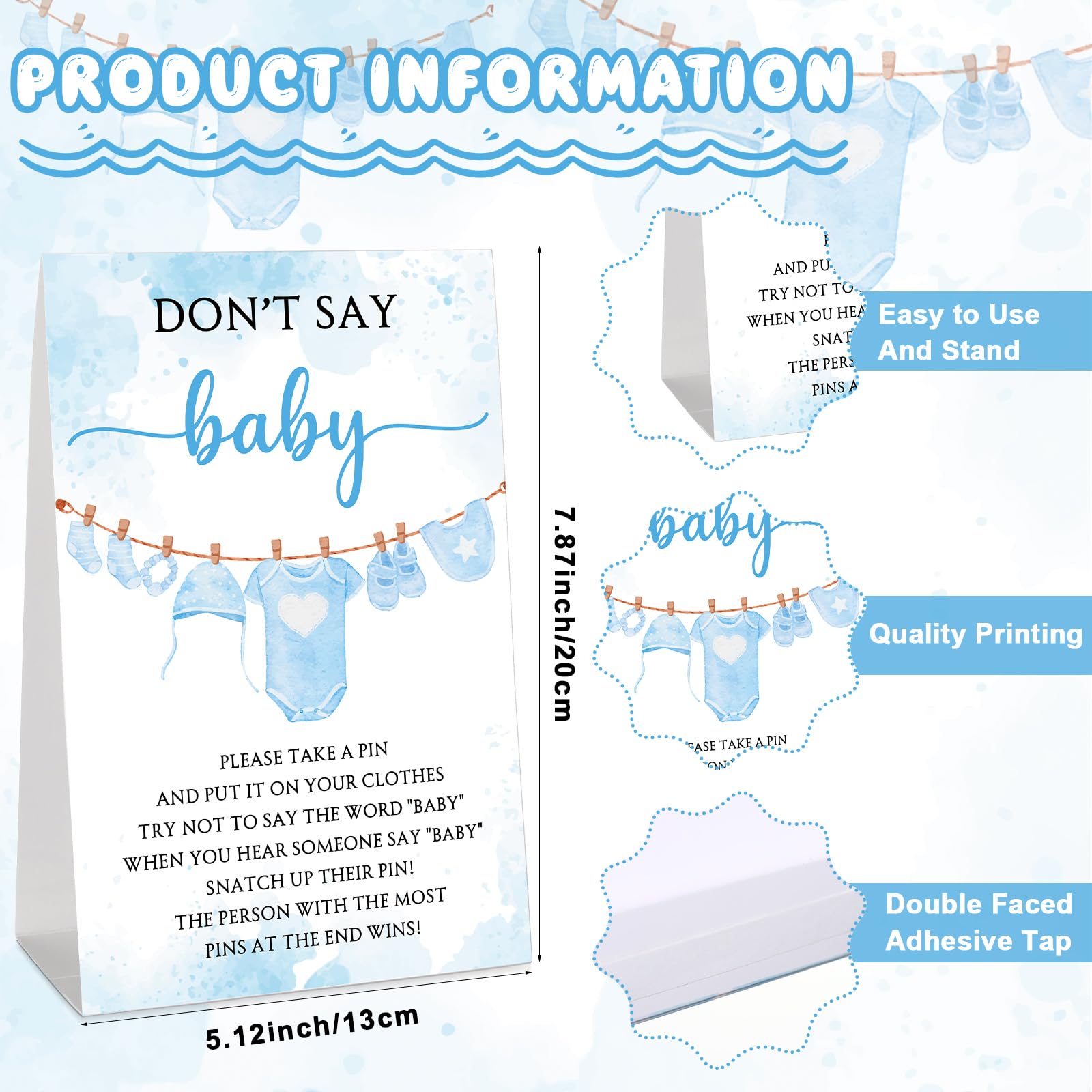 Cinnvoice 51 Pcs Baby Shower Games Supplies Include Blue Clothespins Don't Say Sign and 50 Plastic Clip Funny Baby Shower Party Decorations for Gender Reveal Favors