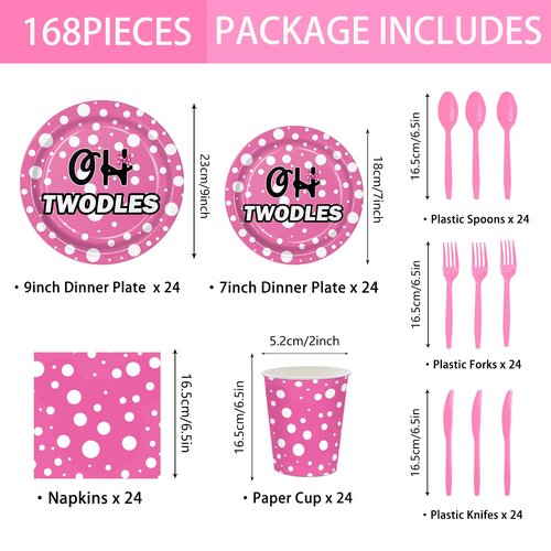 168pcs Oh Twodles Birthday Party Supplies Girl Pink Cartoon 2nd Plates Napkins Disposable Paper Cups Oh Twodles Tableware Set Two Years Old Party Decorations for Kids Girls Birthday Decor Serve 24