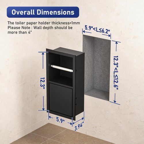 Bernkot Toilet Paper Holder, Hidden Tampon Storage Holder, in Wall Toilet Roll Holder, Recessed Toilet Niche for Bathroom (Matte Black)