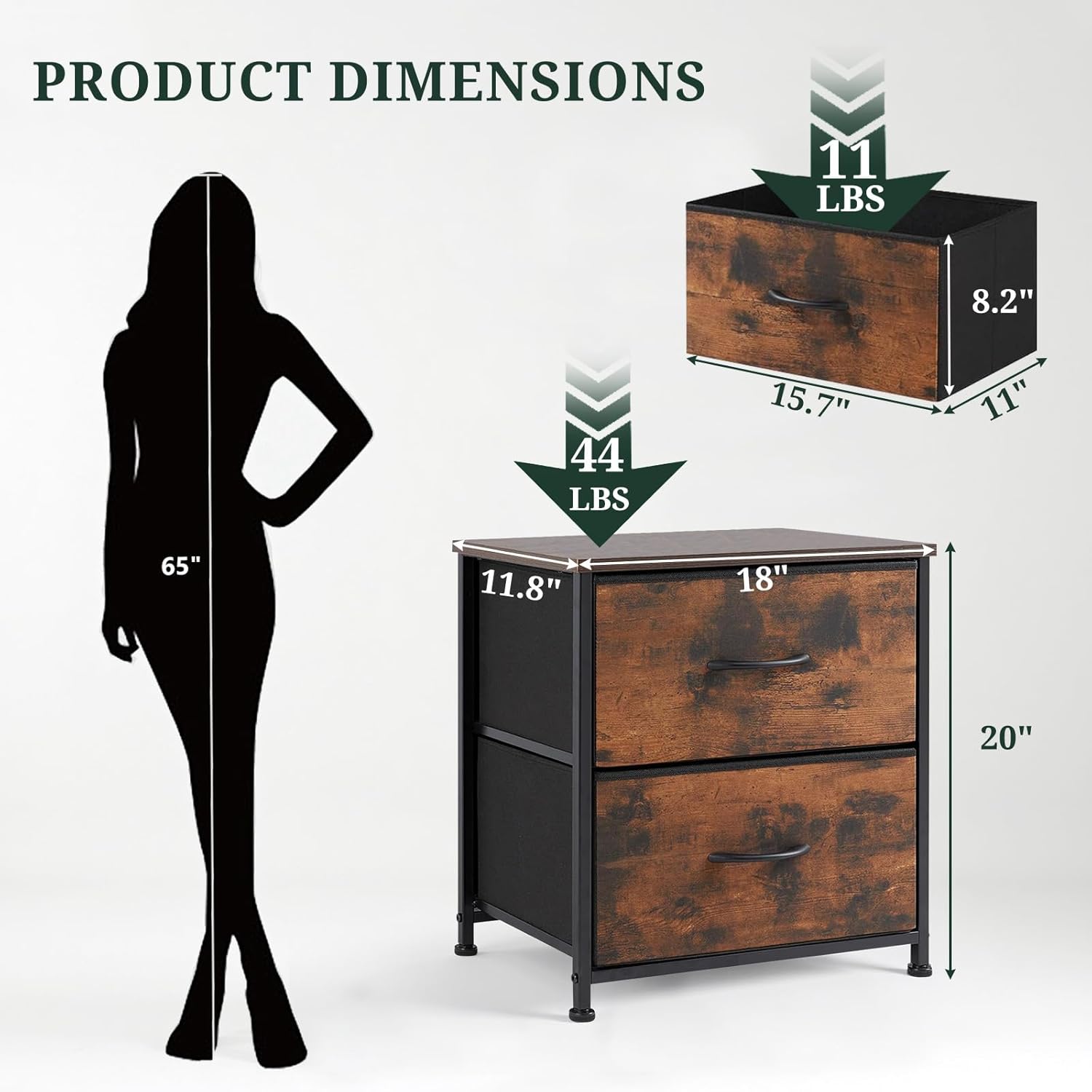 Regine Switzerland Nightstand - Small 2 Drawer Dresser with Wooden Top & Fabric Bins | Brown, 11.8" D x 18" W x 20" H