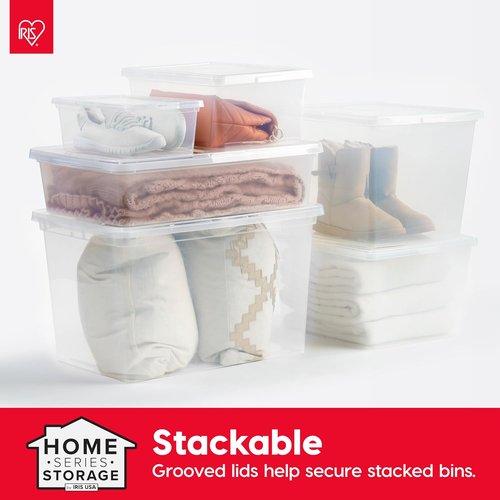 IRIS USA Storage Bins - 4-Pack Clear Stackable Containers with Lids | 36 Quart for Organizing Shoes, Clothes, and More - BPA-Free Plastic