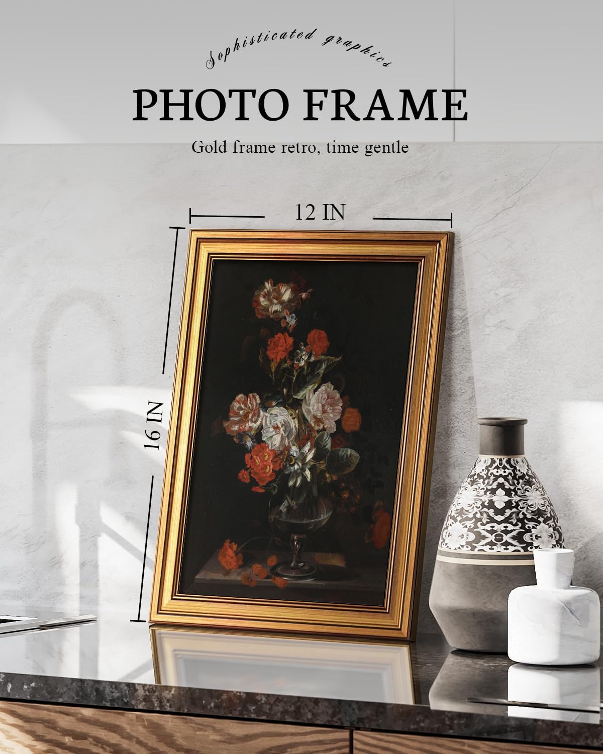 VIYYIEA Vintage Gold Framed Wall Art - Floral Canvas Print for Living Room Decor | Cotton Rose (16L x 12W)
