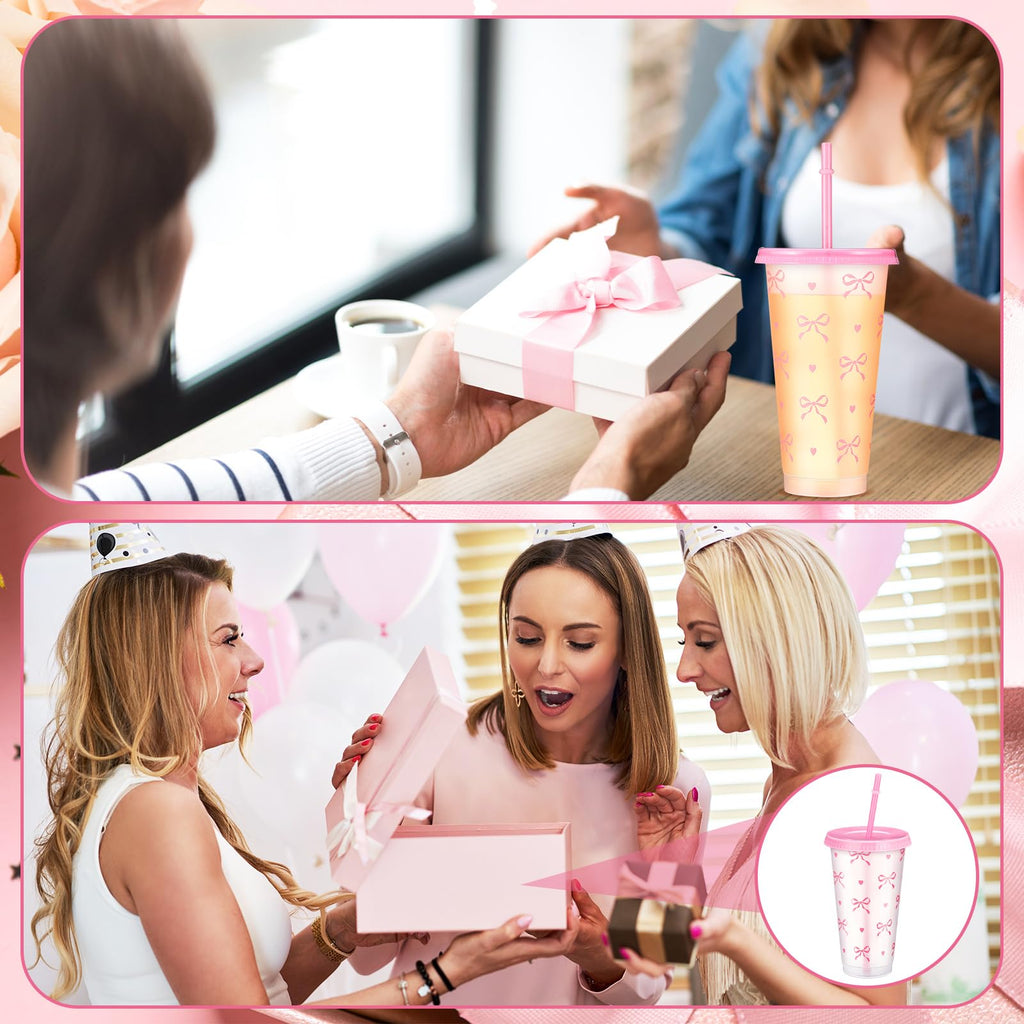 Reallnaive 12 Pcs Pink Bow Plastic Cups with Lids and Straws 24 oz Reusable Coquette Bow Tumbler Aesthetic Drinking Coffee Cup for Women Birthday Wedding Bridal Shower Party Supplies