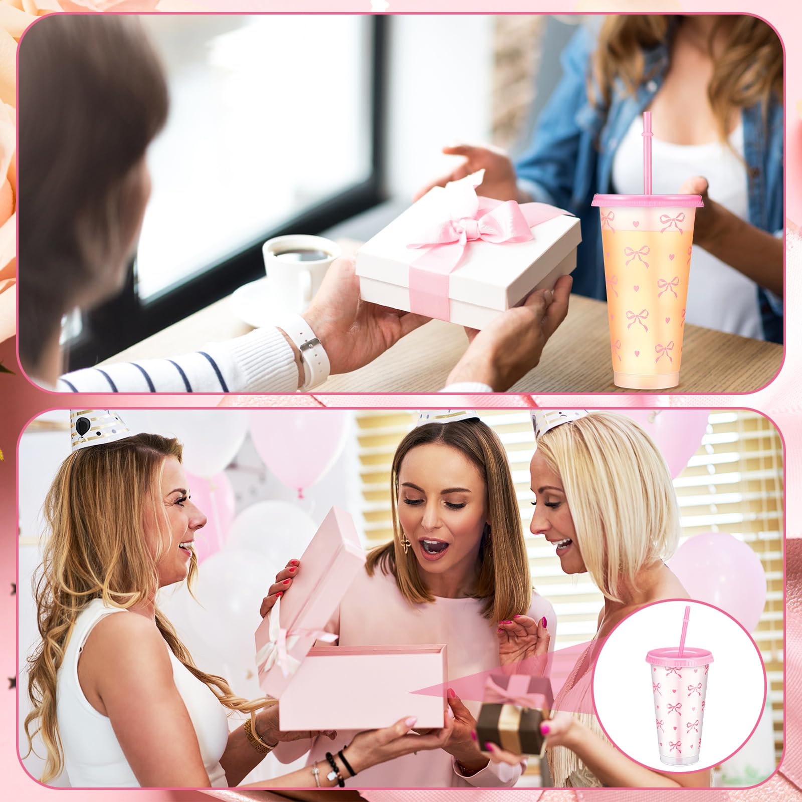 Reallnaive 12 Pcs Pink Bow Plastic Cups with Lids and Straws 24 oz Reusable Coquette Bow Tumbler Aesthetic Drinking Coffee Cup for Women Birthday Wedding Bridal Shower Party Supplies