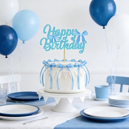 11 Pcs Blue Bow Cake Toppers, Happy Birthday Sign, 10Pcs Ribbion Bow Cupcake Toppers for Blue Bow Birthday Decorations, Baby Shower, Bridal Shower, Graduation Party