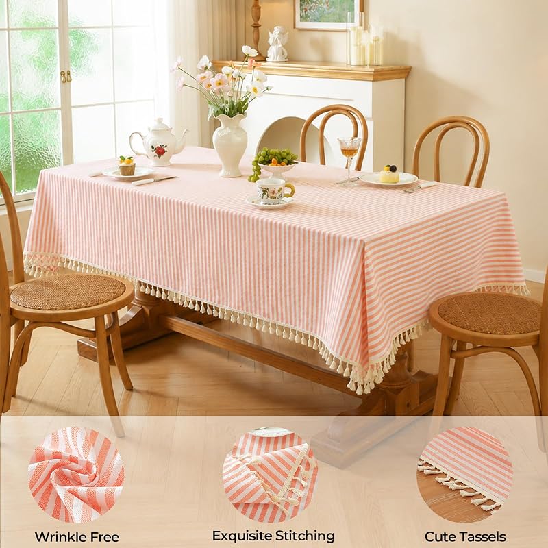 Meioro Orange & White Striped Cotton Tablecloth 39x55 Inch — Rectangular with Tassel Fringe (Variation: Bright Orange + 55x39)