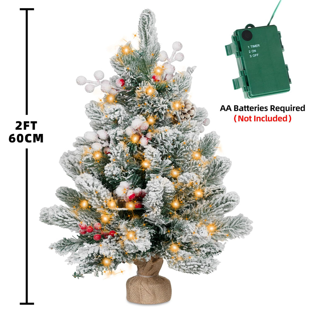 RIDGEPOLE 2FT Pre-lit Mini Christmas Snow Flocked Tree,Tabletop Artificial Christmas Tree with LED Lights, Small Xmas Pine Tree with Cloth Bag Base for Christmas Decor,12 PCS Berry & 8 Pinecones