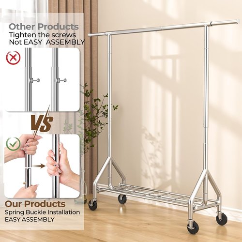HYSEYY Heavy Duty Clothes Rack - 450 LBS Capacity Metal Garment Rack with Wheels & Shelves | Silver