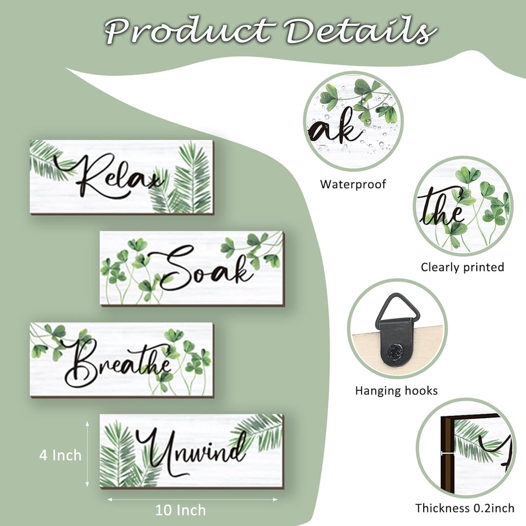 Skiennix Farmhouse Bathroom Wall Decor - Relax, Soak, Unwind Wooden Signs | Green Leaves 10x4 Inch