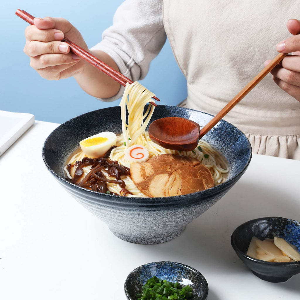 NJCHARMS Ceramic Ramen Bowl Set of 2, 60 oz Japanese Noodle Soup Bowls with Spoons and Chopsticks for Ramen Soup Pho Udon Asian Noodles, Large Noodle Bowls(Blue)