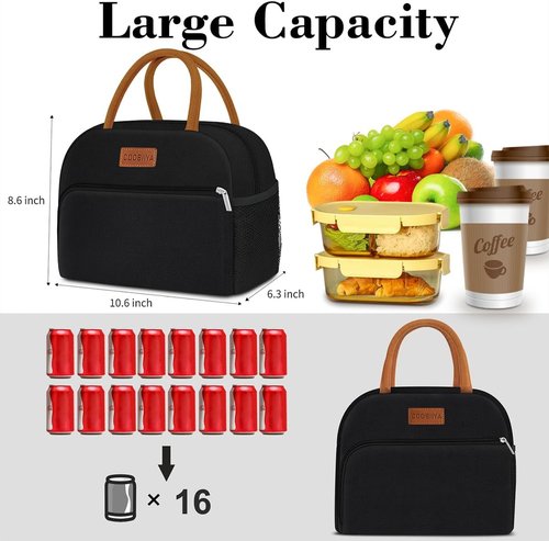Coobiiya Insulated Lunch Box - Leakproof & Reusable Tote Bag for Work/Travel | Compact 10L (Black)