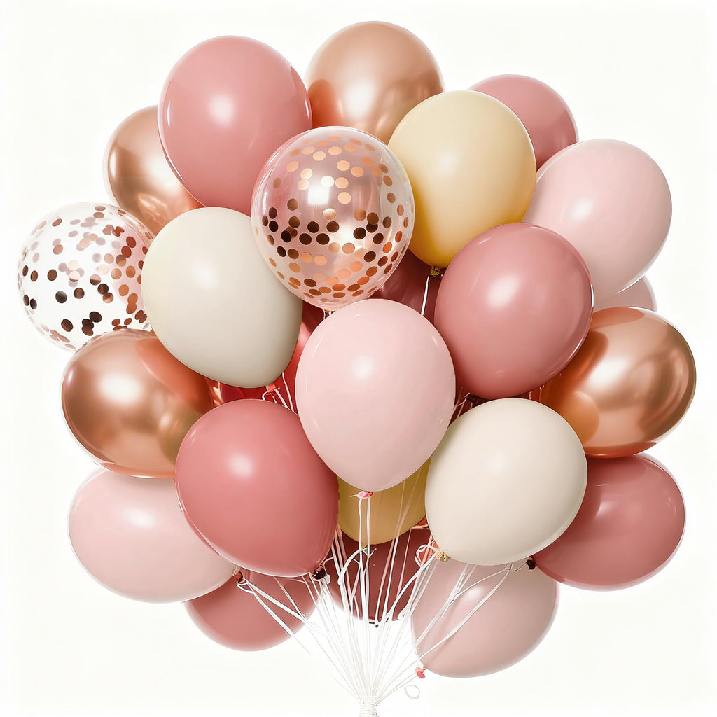 PartyWoo Dusty Pink Balloons 66pcs 12 Inch Blush Rose Pink Metallic Rose Gold Nude Boho White Sand Confetti Balloons for Baby Shower Birthday Gender Reveal Wedding Anniversary Party Decorations