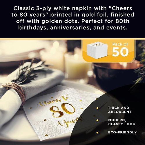 Cheers to 80 Years Cocktail Napkins - 50-Pack 3-Ply Napkins for 80th Birthday & Anniversary Celebrations | 5 x 5 Inch (White)