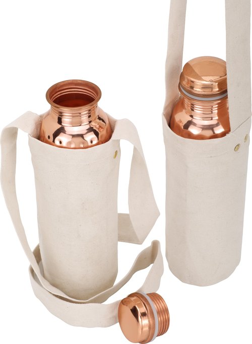 Kitchen Science Authentic Ayurvedic Copper Water Bottle Pack of 2 for Drinking Water | Large 34OZ Copper Vessel | 2 Canvas Bottle Carrying Bags
