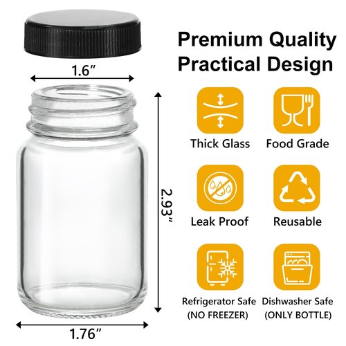 KEYWING 28 Pack 2oz Glass Shot Bottles with lids - Small Clear Jars for Ginger, Wellness Shots, Juice, Whiskey - Travel mini Reusable Wide Mouth bottles- Leakproof, Dishwasher Safe