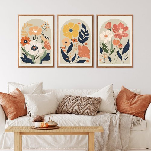 KAIRNE Boho Canvas Wall Art - Abstract Floral Prints Set of 3 (16”x24”) | Modern Minimalist Botanical Decor for Living Room & Office