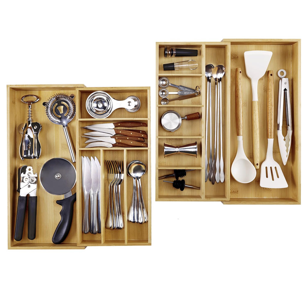 MH MYLUNE HOME Large Bamboo Expandable Drawer Organizer, Silverware Organizer for Drawers, 16 to 30 Inches Wide, 7-13 Slots, Kitchen Drawer Organizers for Utensils, Bamboo Wood Cutlery Organizers