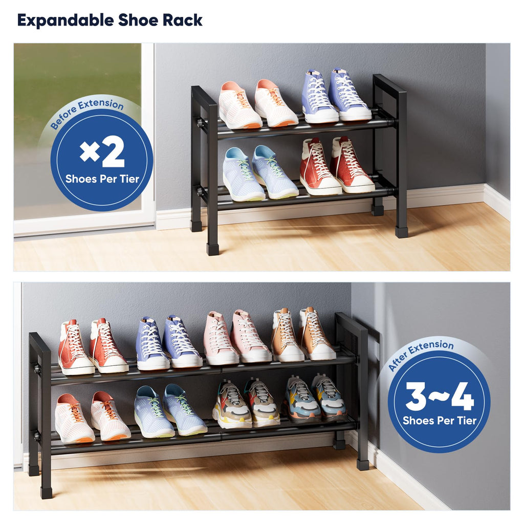 Abiglifty 2-Tier Expandable Shoe Rack,17"-33" Adjustable Shoe Rack for Closet,Metal Shoes Shelves for Front Door Entrance, Garage & Corridor, Free Standing Shoe Holders, Easy to Assemble,Black