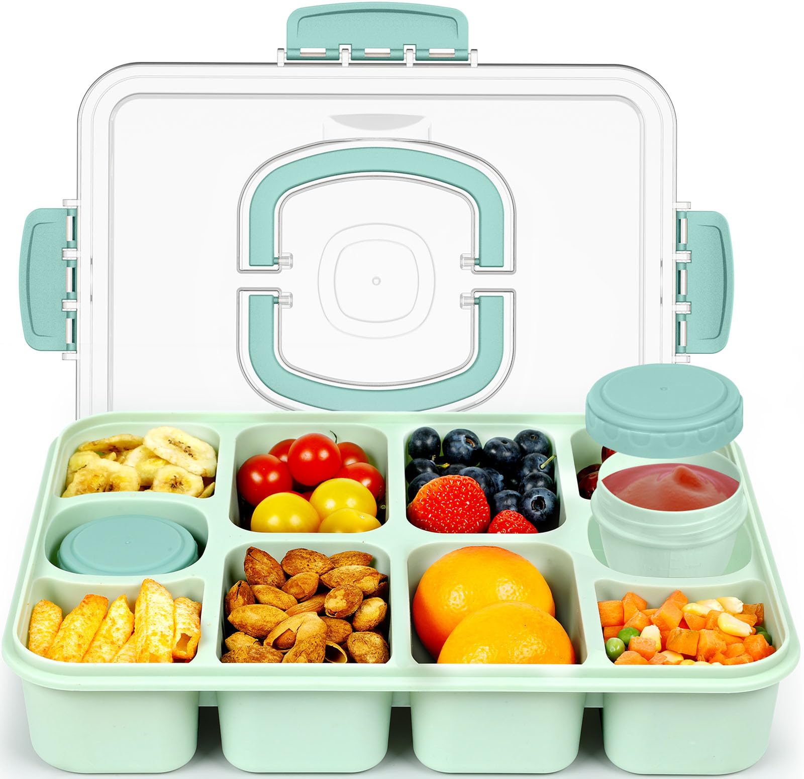 Caperci Original Snackle Box Container - 10-Compartment Divided Snack Serving Tray with Lid & Handle, Built-in 2 Dressing Containers, Leak-Proof, Dishwasher Safe, BPA-Freen (Mint Green)