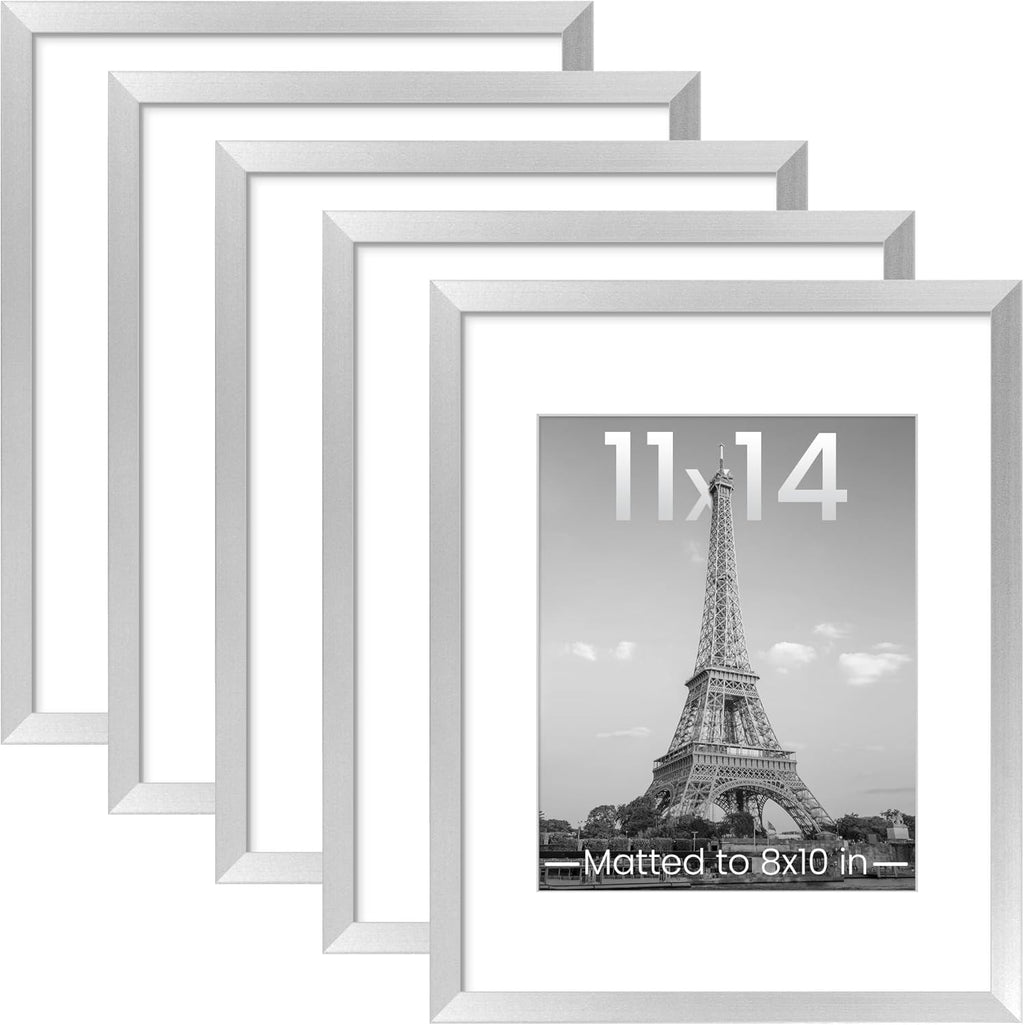 Upsimples 11x14 Picture Frame Set of 5 - Elegant Silver Frames for 8x10 or 11x14 Photos | Perfect for Wall Gallery