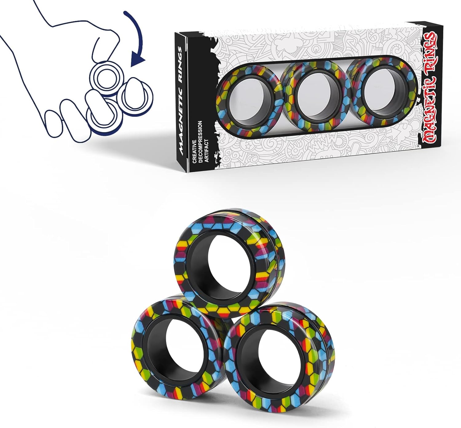 Skiennix Magnetic Fidget Rings Set - Anxiety Relief Toys for Adults & Kids | 3-Piece Spinner Pack