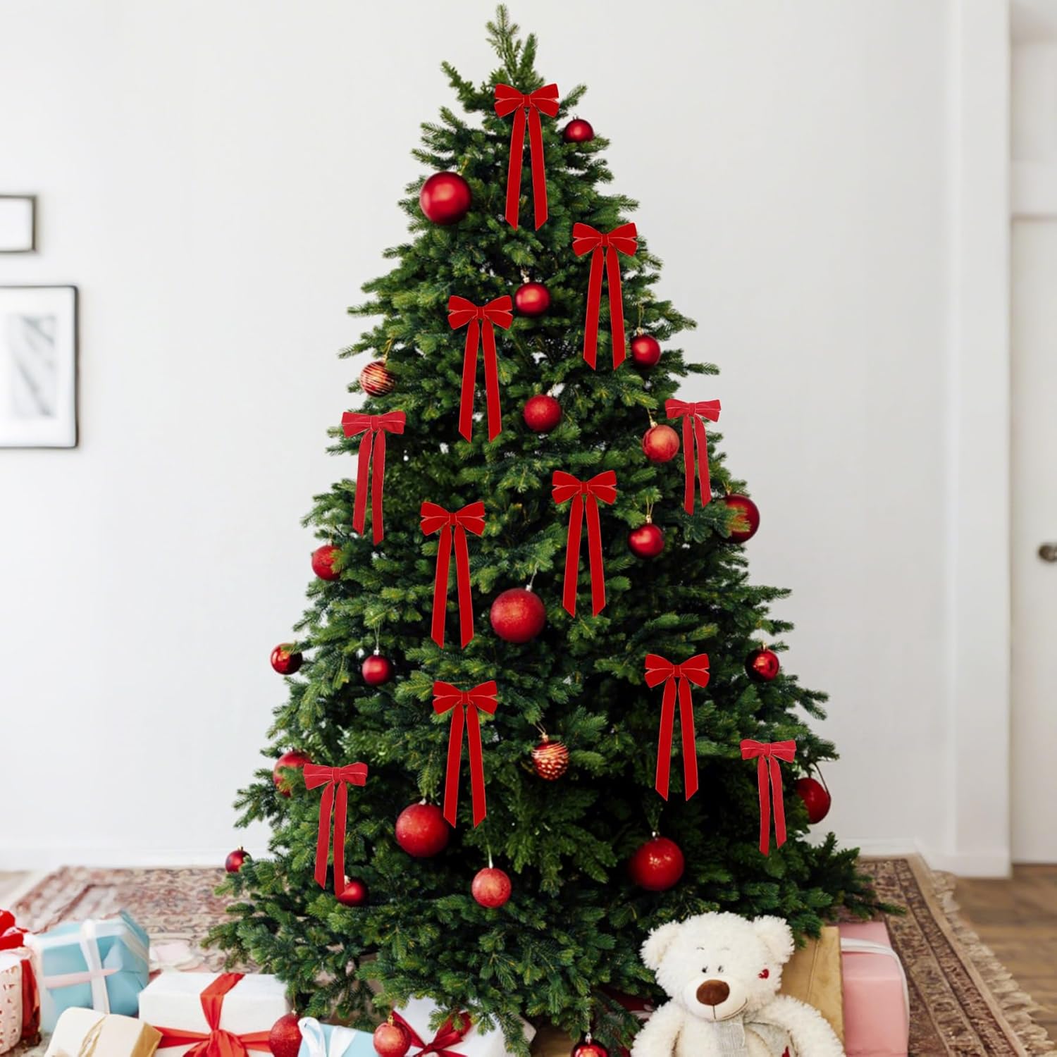 Regine Switzerland 12Pcs Red Velvet Ribbon Bows - 5in x 10in Christmas Tree Ornaments | Holiday Decor for Home & Party