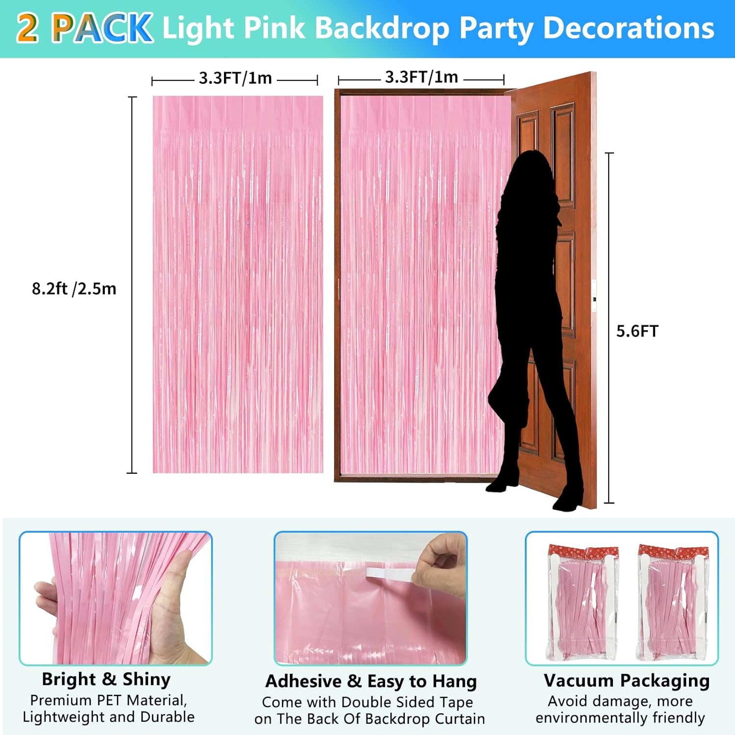 Skiennix Pastel Pink Birthday Party Backdrop - Foil Fringe Curtain 3.3x8.2ft | 2 Pack Streamers for Baby Showers & Bachelorette Celebrations