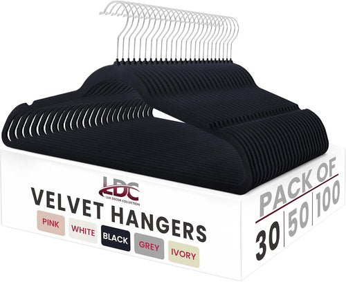 LDC Black Velvet Hangers - Premium Non-Slip Felt Clothes Hangers | 30 Pack with 360° Swivel Hook - Black