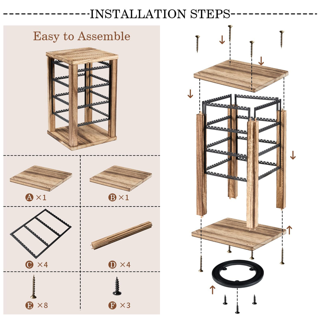 Emfogo 360 Earring Holder Organizer, Rustic Wood Earring Stand, Rotating Wooden Display, 4 Tiers Earring Organizer Stand for Stud Earrings, Hoop Earrings & Necklaces, Women Gifts