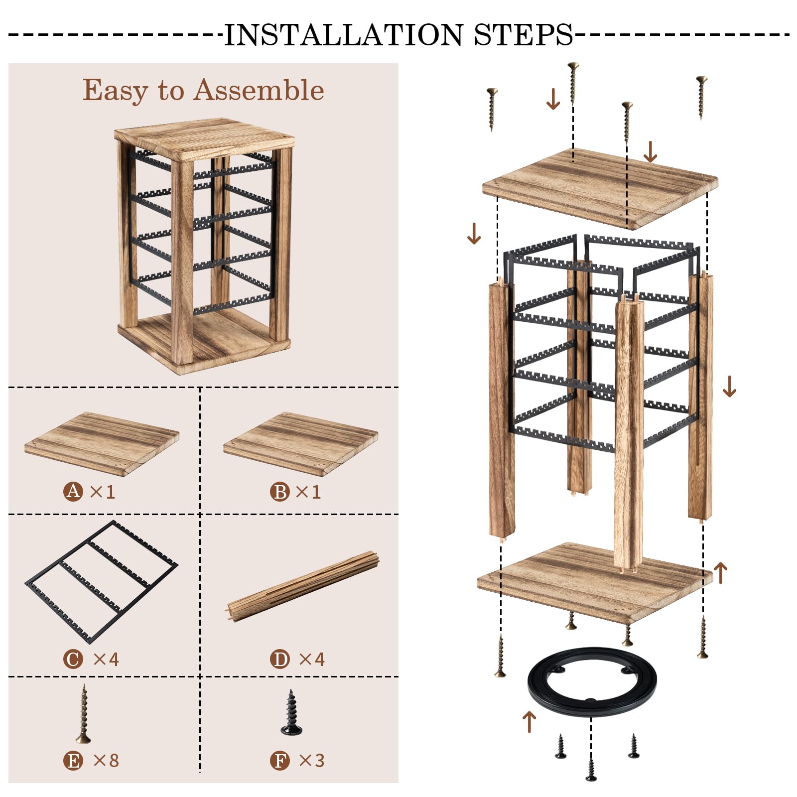 Emfogo 360 Earring Holder Organizer, Rustic Wood Earring Stand, Rotating Wooden Display, 4 Tiers Earring Organizer Stand for Stud Earrings, Hoop Earrings & Necklaces, Women Gifts