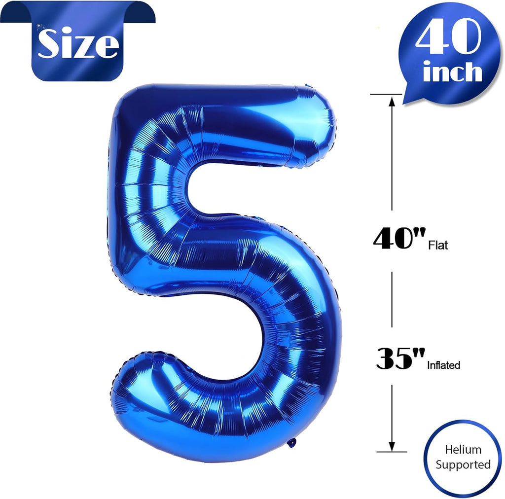 Metallic Blue Number 5 Balloon - 40 Inch Giant Foil Balloon for 5th Birthday Party Decorations