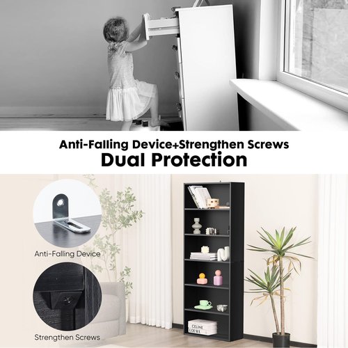 Sweetcrispy Industrial 6 Shelf Bookcase - Large 63 Inch Tall Floor Standing Open Bookshelf with Anti-Tipping Device for Home Office, Living Room, and Bedroom Storage, Black