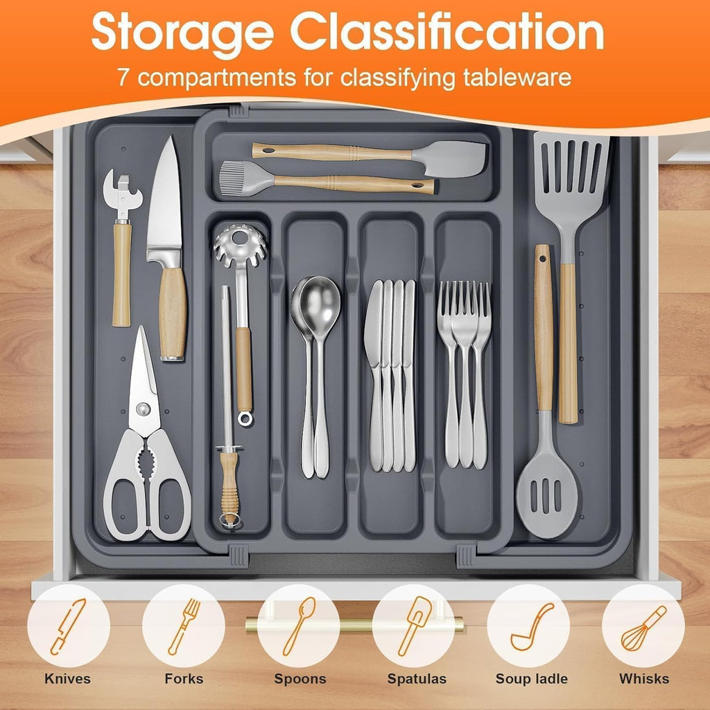 SpaceHacks Silverware Organizer - Adjustable & Expandable Utensil Drawer Holder | BPA-Free Cutlery Tray in Medium Grey