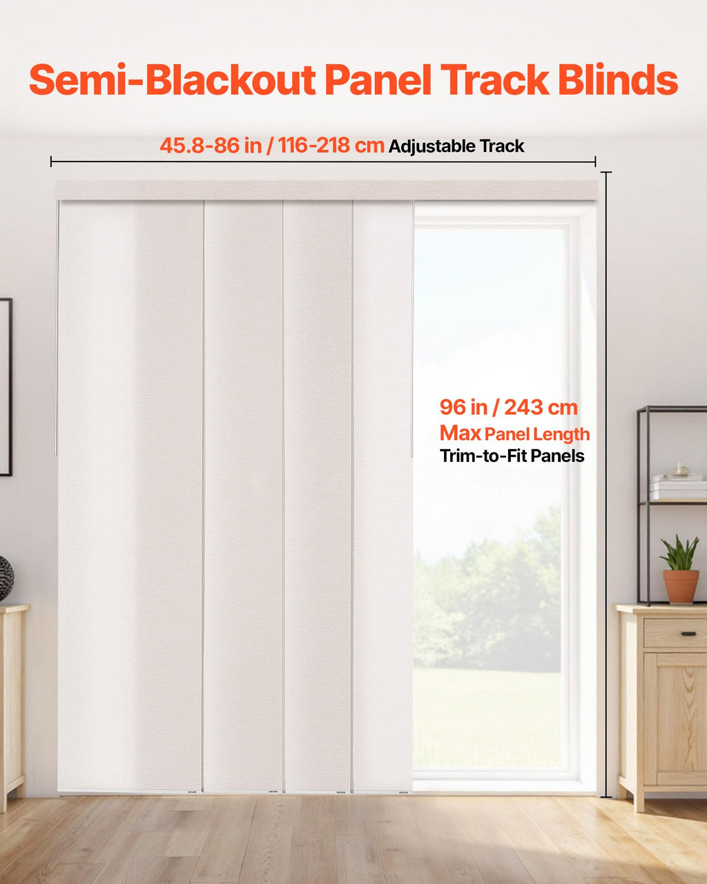 VEVOR Panel Track Blinds, Extendable Track from 45.8 in to 86 in W, Trimmable Panel Curtains Up to 96 in H, Adjustable Vertical Panel Blinds for Sliding Doors, Patio Doors, Room Divider, Light Brown