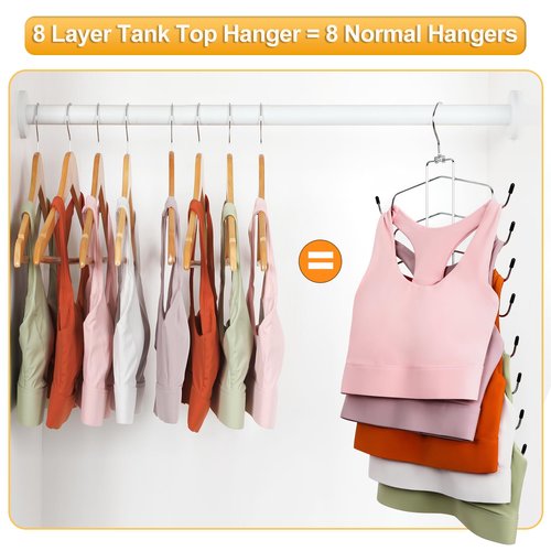 TOPIA HANGER 2 Pack Tank Top Hanger, 8 Layers Bra Hanger Space Saving, Sport Yoga Bras Holder, Closet Organizers and Storage for Camisoles Tank Tops Sports Yoga Bras Swimsuits, Silver CT79B