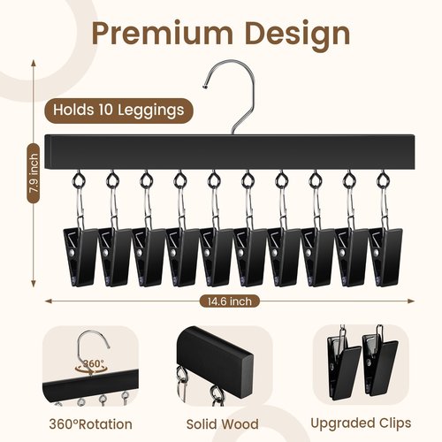 Draxzor 2 Pack Leggings Hangers for Closet, Wooden Legging Hanger for Closet Organizer with 20 Upgraded Clips Holds 20 Leggings, 360° Rotatable Space Saving Yoga Pants Hanger for Socks, Skirts, Black
