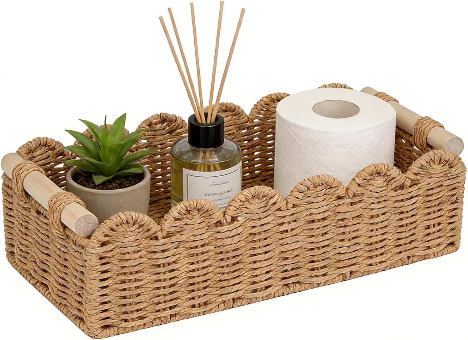 Skiennix Upgraded Paper Rope Toilet Paper Storage Basket - Scalloped Edge Design | Neutral Color, Small Size for Living Room & Bedroom Decor