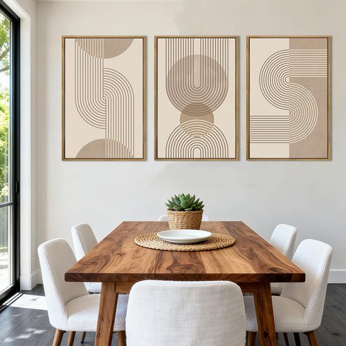 Anyzal Large Abstract Wall Art - Framed Boho Geometric Line Artwork | Modern Minimalist Beige Painting Set of 3 (24''x36'') for Living Room & Office