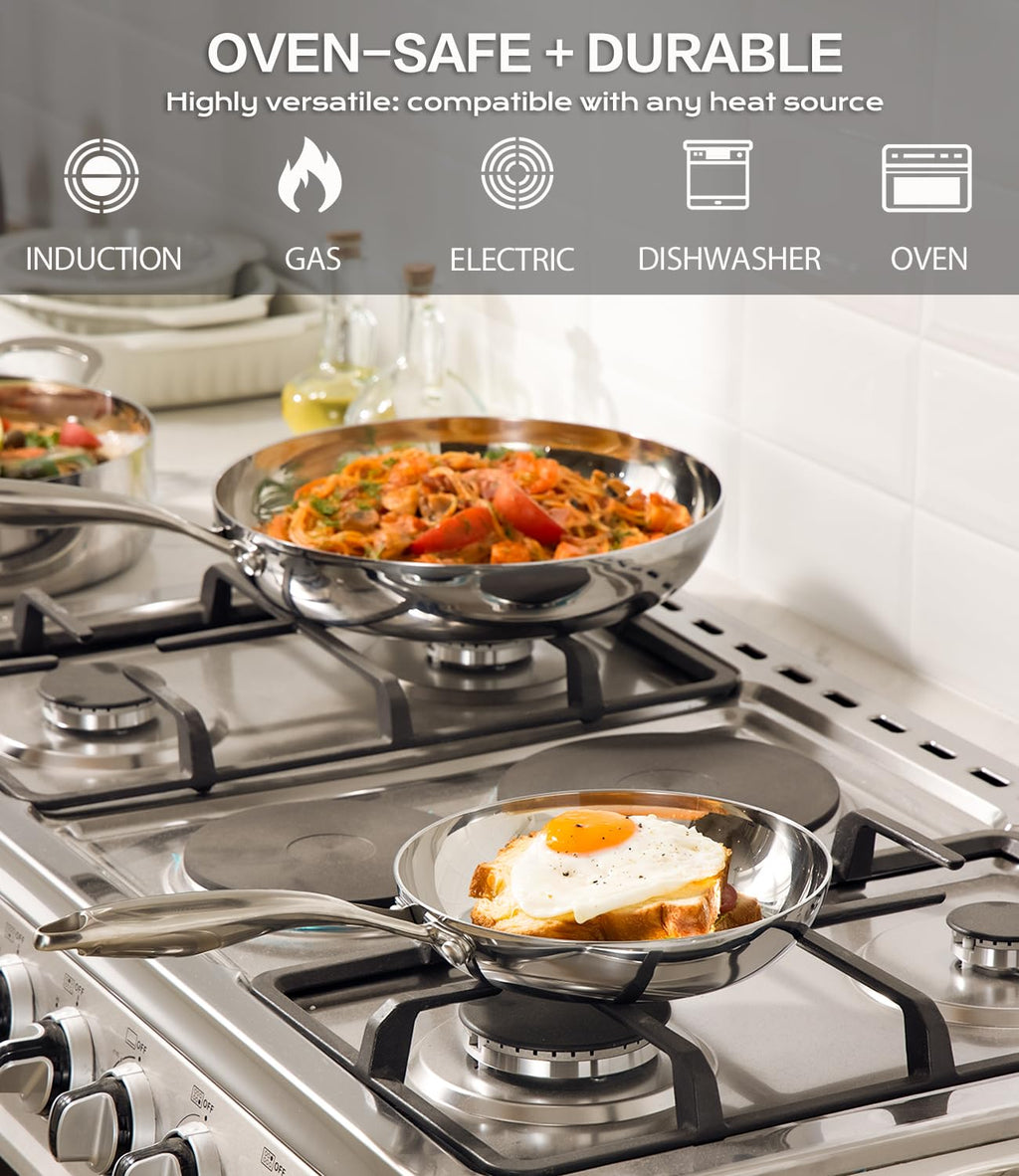 USELUCK 12 Inch Stainless Steel Frying Pan with Lid, 3-Ply Stainless Clad Skillets Fry Pan Fast & Even Heating, Oven Safe Up to 600℉ Dishwash Safe Compatible for All Cooktops Kitchen Cookware