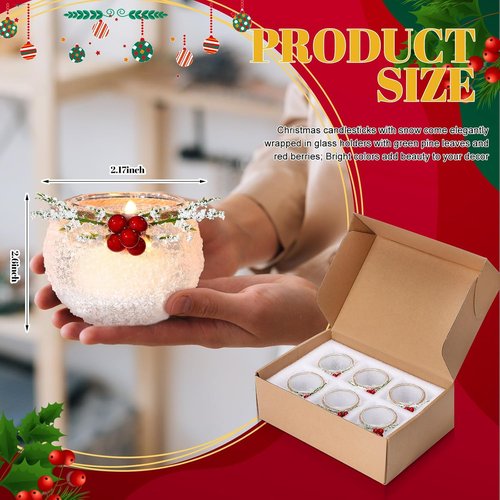 Funnymoom Christmas Votive Candle Holders - 6 Pcs Snowy Red Berry Design for Home Decor & Parties